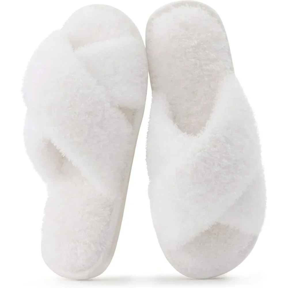 Women's White Fuzzy Cross Band Memory Foam Open-Toe House Slippers - Picture 1 of 7